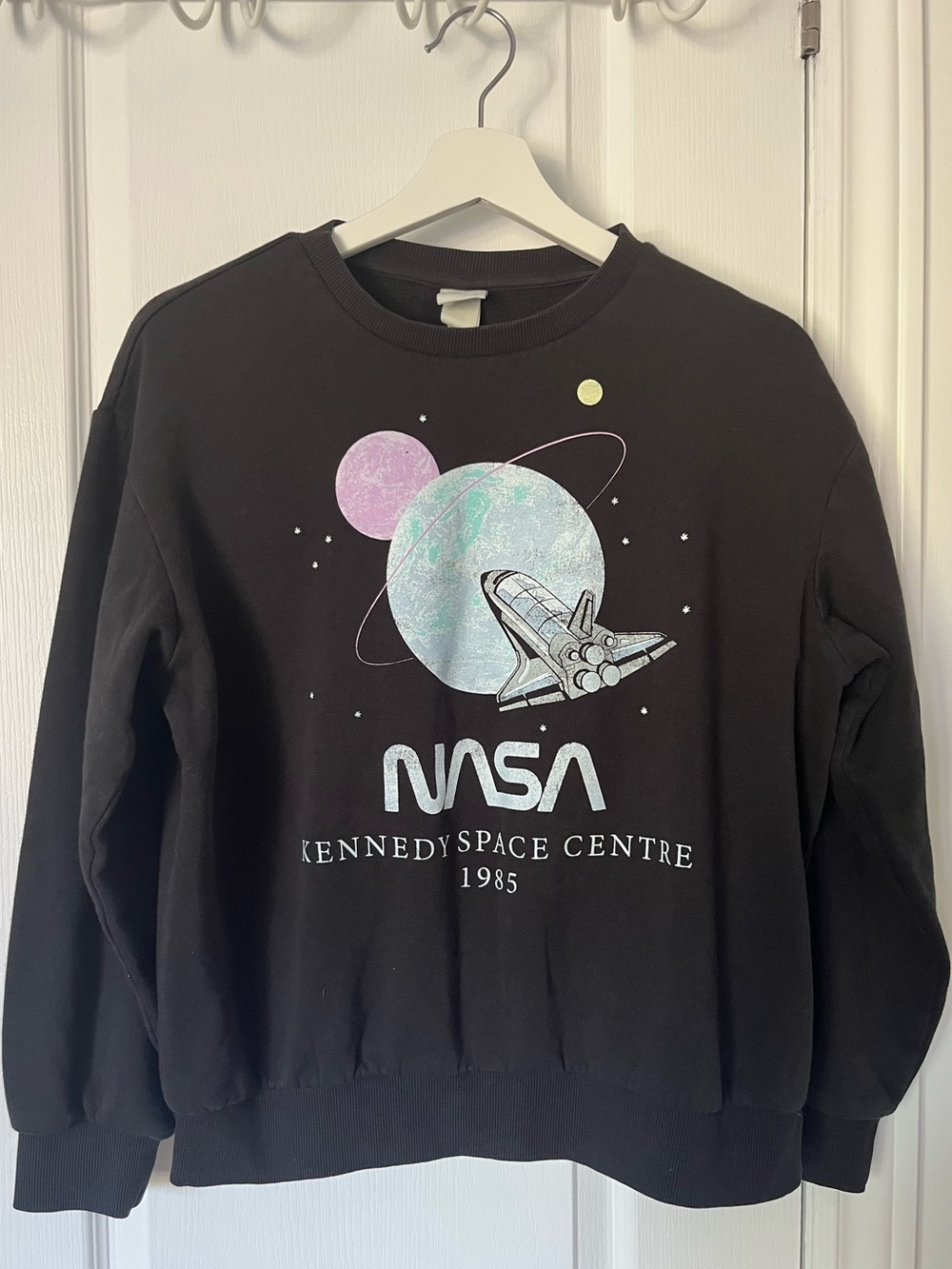 H&M Black Crewneck Sweatshirt with Retro Pastel NASA Space Graphic